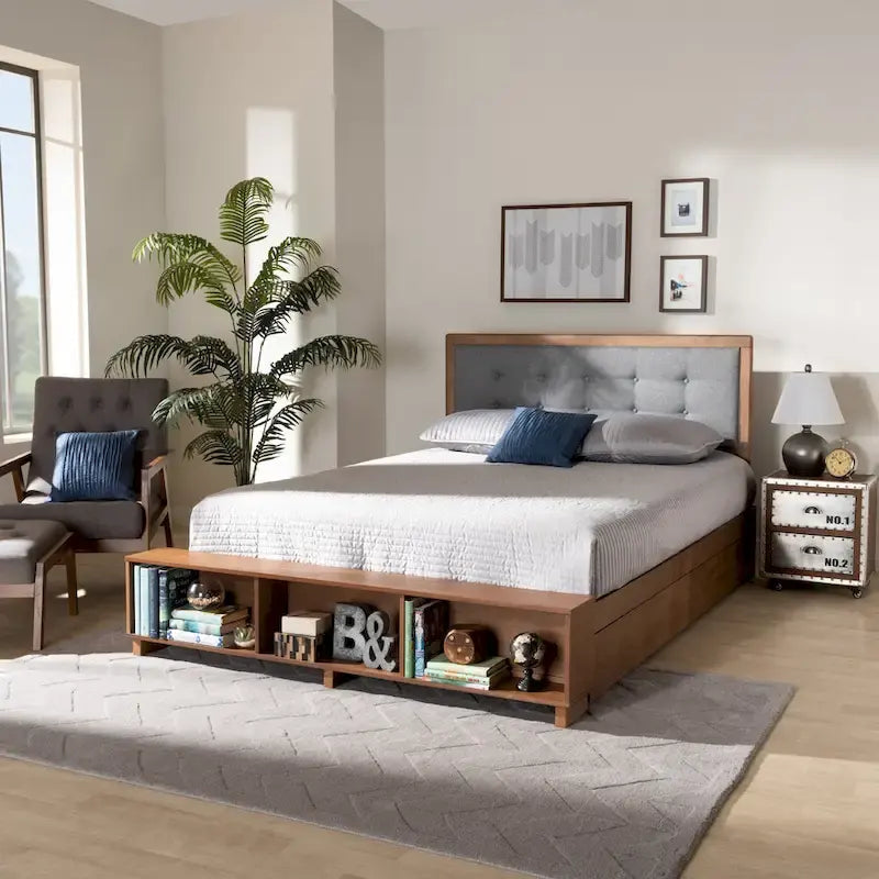 Cama de plataforma con almacenaje en gris oscuro y nogal ceniza con 4 cajones – Full/Queen/King