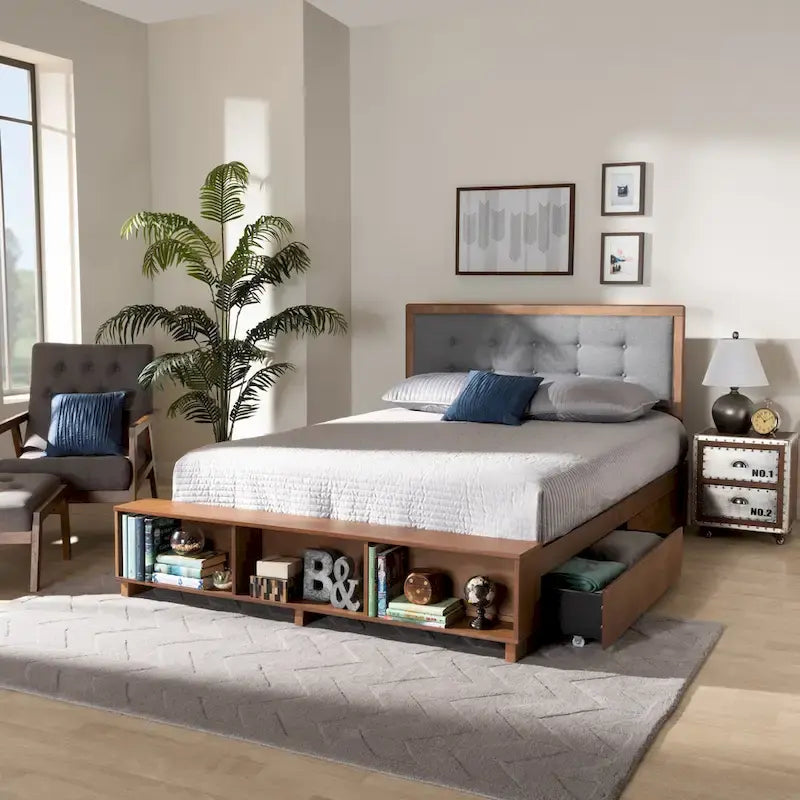 Cama de plataforma con almacenaje en gris oscuro y nogal ceniza con 4 cajones – Full/Queen/King