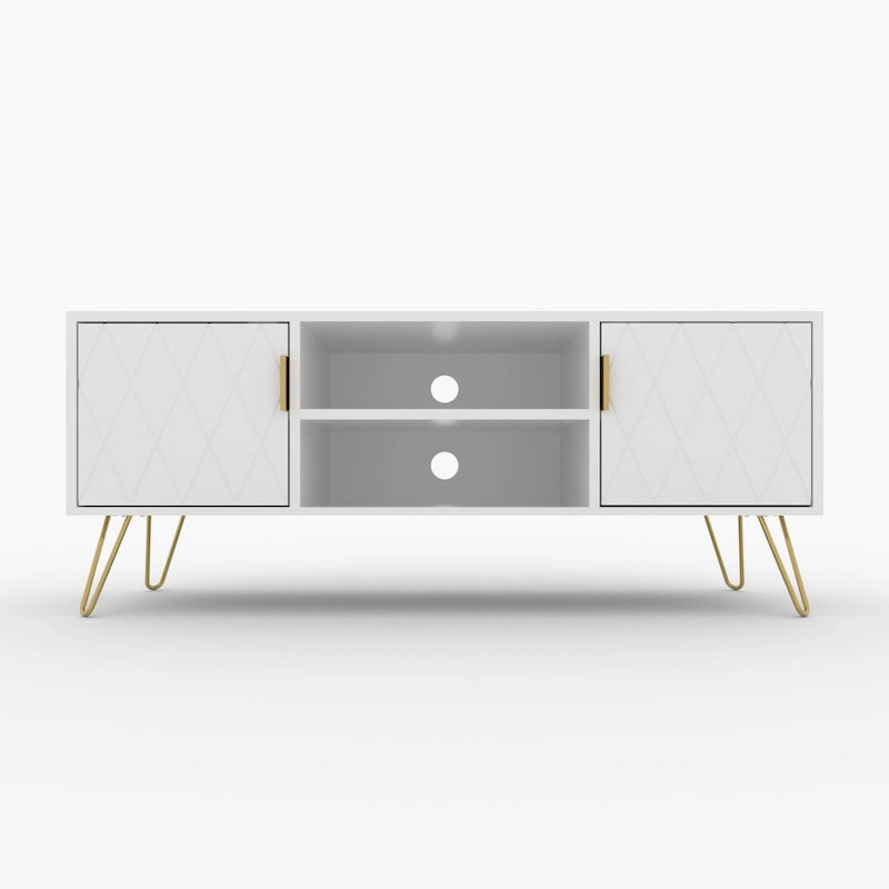 Mueble de TV moderno blanco/negro con estante abierto — Capacidad para TV de hasta 55", montaje para 2 personas