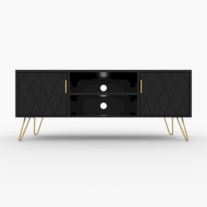 Mueble de TV moderno blanco/negro con estante abierto — Capacidad para TV de hasta 55", montaje para 2 personas