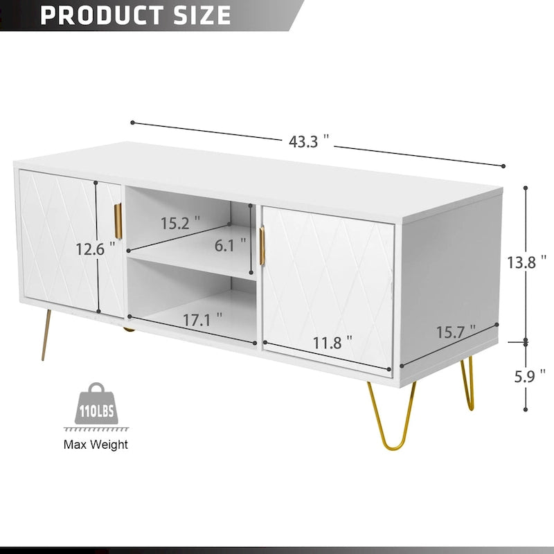 Mueble de TV moderno blanco/negro con estante abierto — Capacidad para TV de hasta 55", montaje para 2 personas