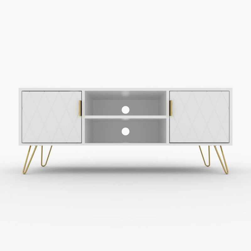 Mueble de TV moderno blanco/negro con estante abierto — Capacidad para TV de hasta 55", montaje para 2 personas