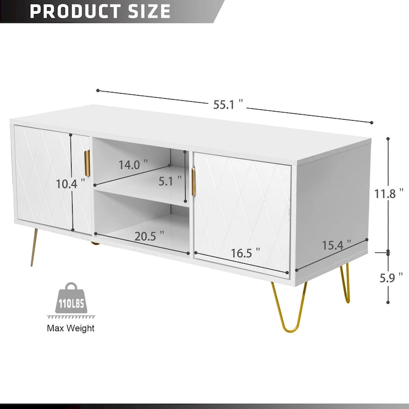 Mueble de TV moderno blanco/negro con estante abierto — Capacidad para TV de hasta 55", montaje para 2 personas