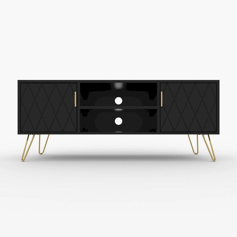 Mueble de TV moderno blanco/negro con estante abierto — Capacidad para TV de hasta 55", montaje para 2 personas