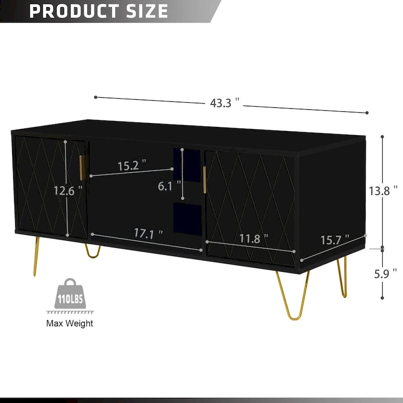 Mueble de TV moderno blanco/negro con estante abierto — Capacidad para TV de hasta 55", montaje para 2 personas