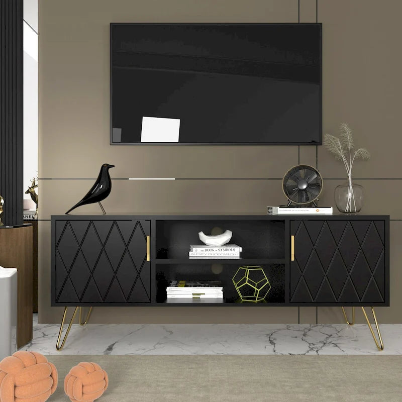 Mueble de TV moderno blanco/negro con estante abierto — Capacidad para TV de hasta 55", montaje para 2 personas