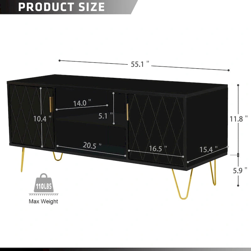 Mueble de TV moderno blanco/negro con estante abierto — Capacidad para TV de hasta 55", montaje para 2 personas