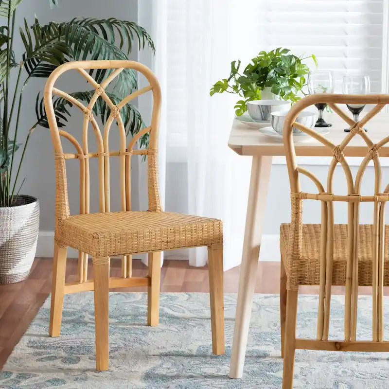 Silla de comedor de ratán marrón natural y roble, un asiento