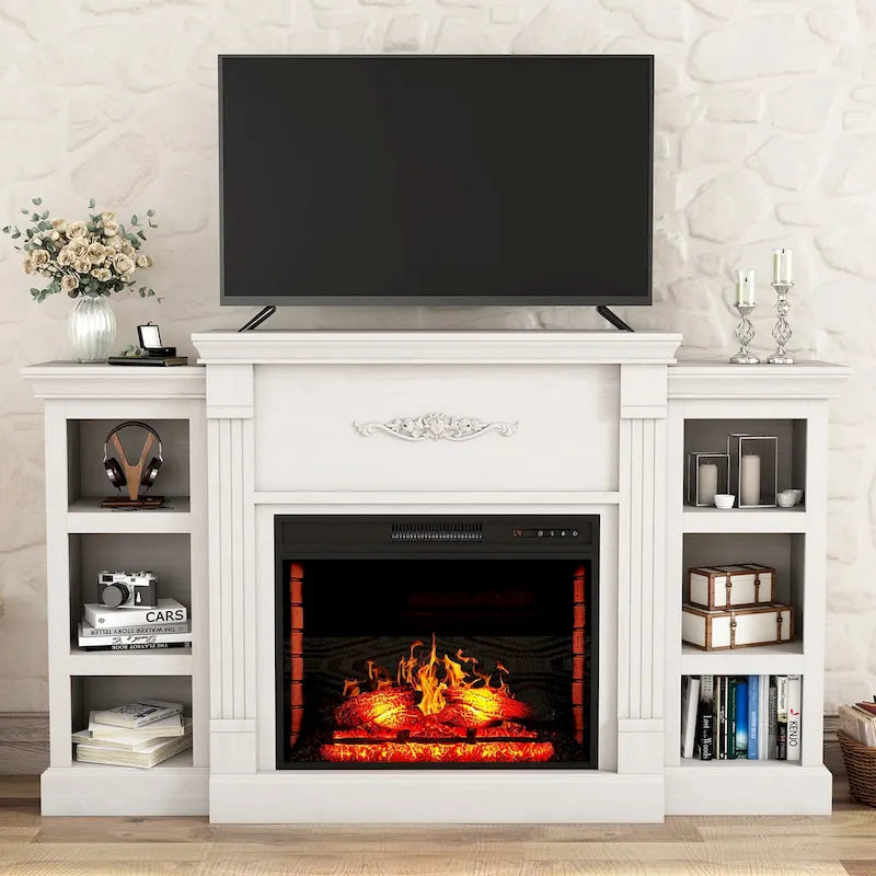 Mueble de TV de 70" con chimenea eléctrica clásica – Blanco / Marrón