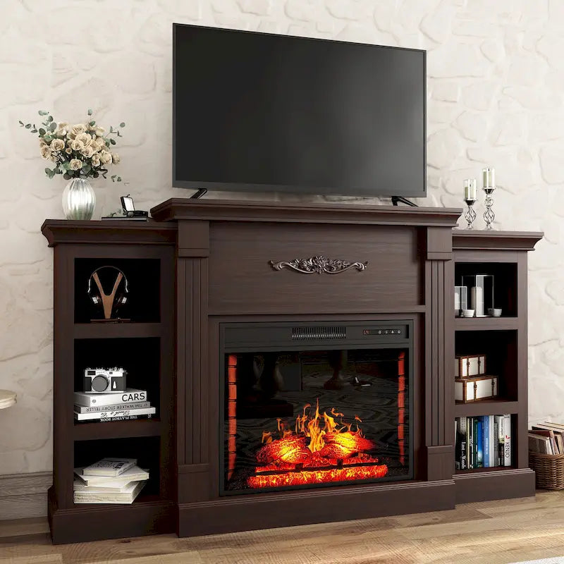Mueble de TV de 70" con chimenea eléctrica clásica – Blanco / Marrón