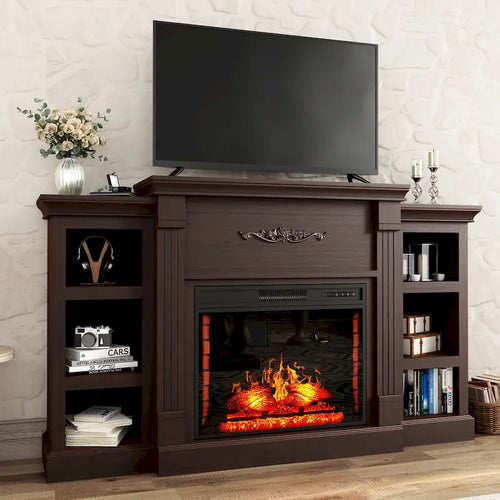 Mueble de TV de 70" con chimenea eléctrica clásica – Blanco / Marrón