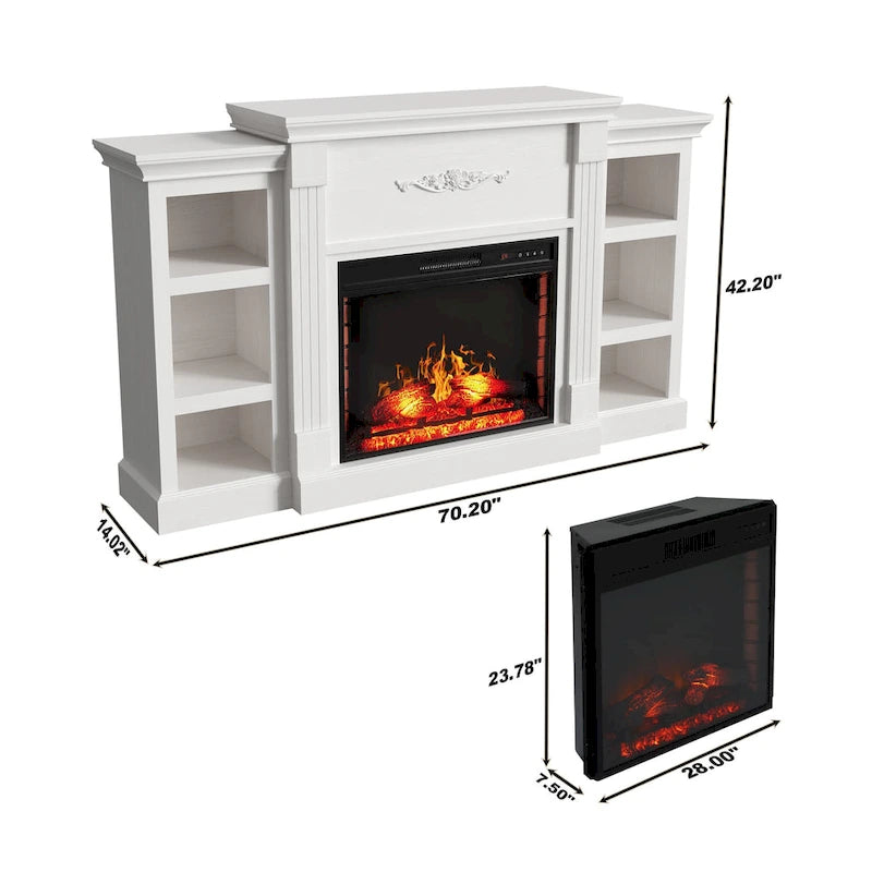 Mueble de TV de 70" con chimenea eléctrica clásica – Blanco / Marrón