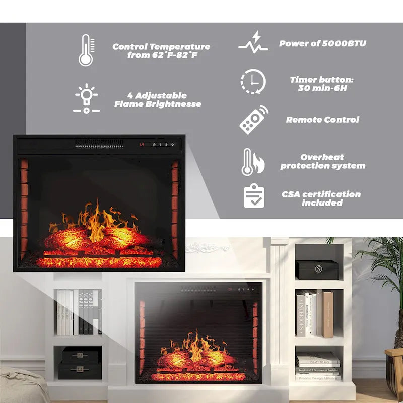 Mueble de TV de 70" con chimenea eléctrica clásica – Blanco / Marrón