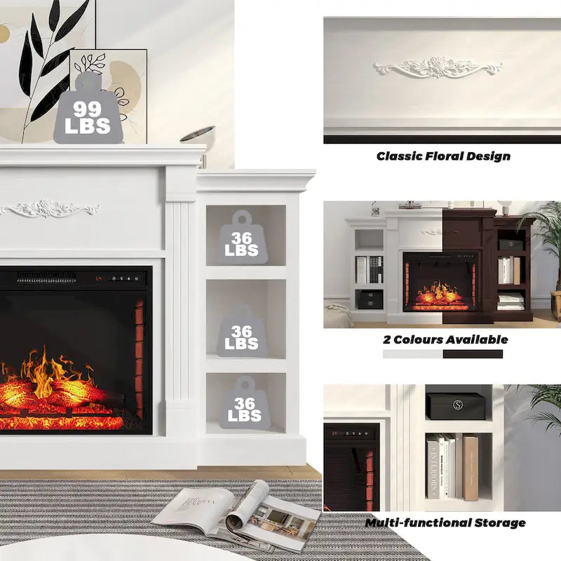 Mueble de TV de 70" con chimenea eléctrica clásica – Blanco / Marrón