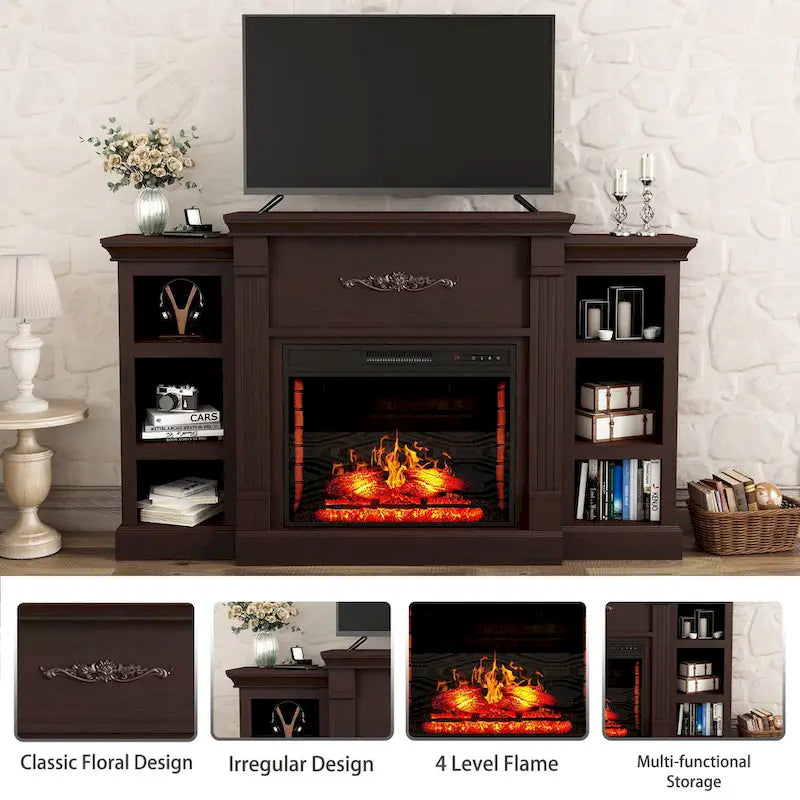 Mueble de TV de 70" con chimenea eléctrica clásica – Blanco / Marrón