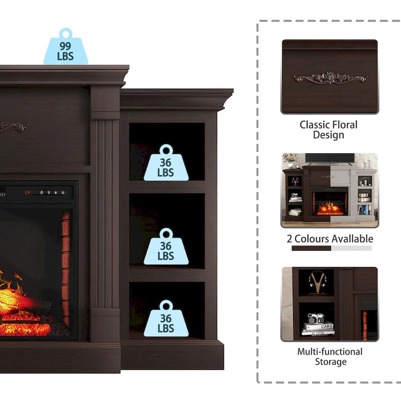 Mueble de TV de 70" con chimenea eléctrica clásica – Blanco / Marrón