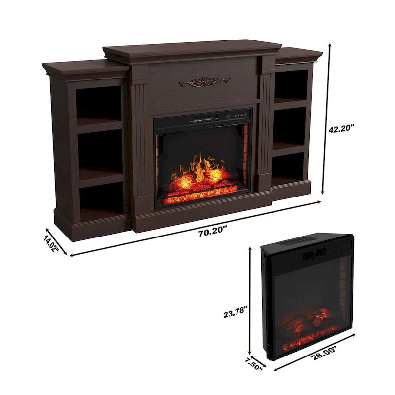 Mueble de TV de 70" con chimenea eléctrica clásica – Blanco / Marrón