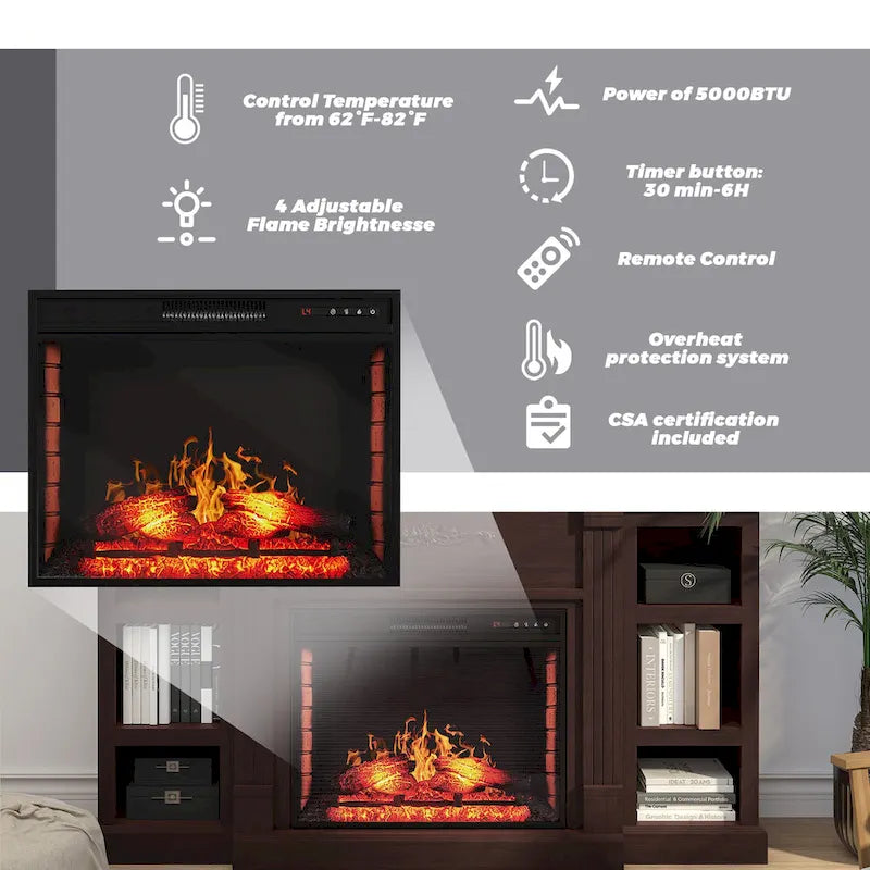 Mueble de TV de 70" con chimenea eléctrica clásica – Blanco / Marrón