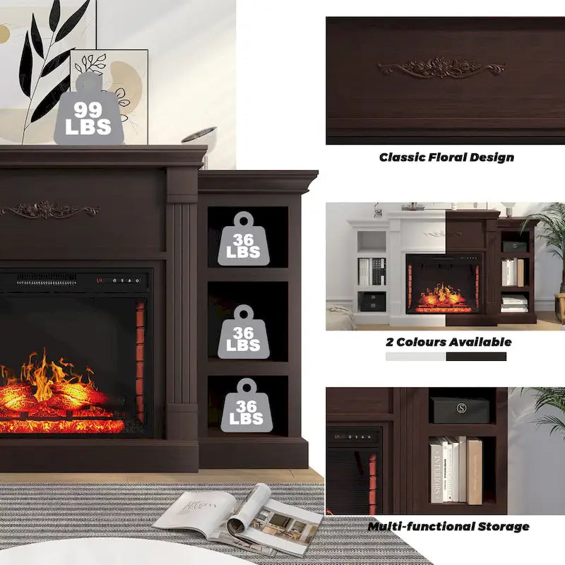 Mueble de TV de 70" con chimenea eléctrica clásica – Blanco / Marrón