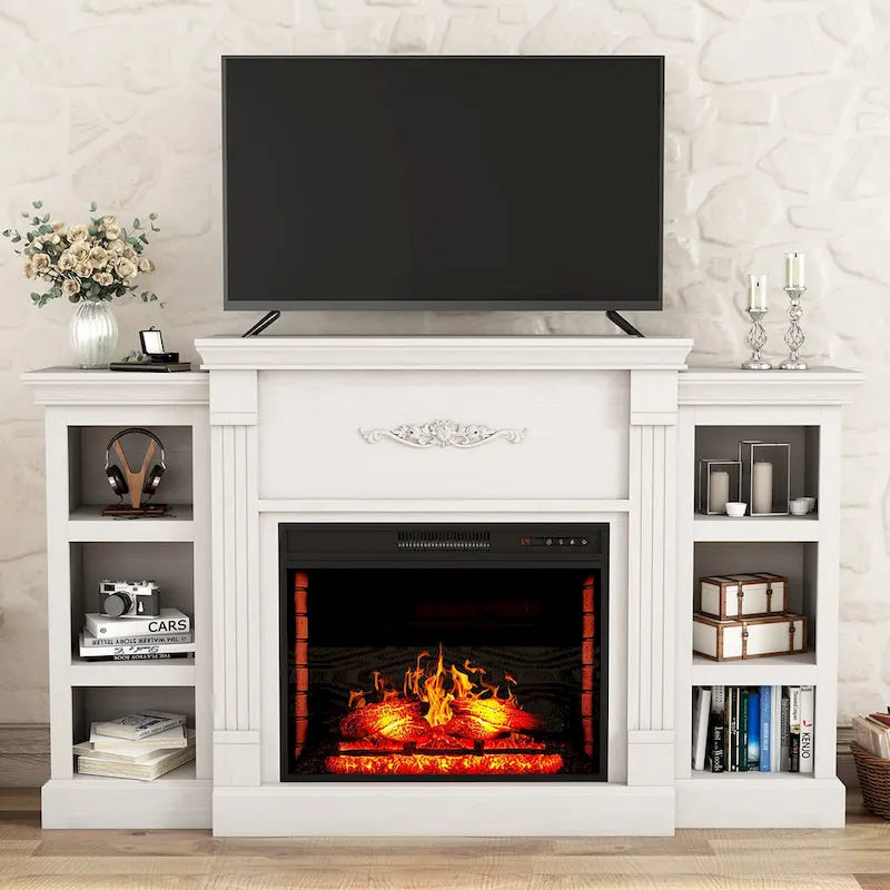 Mueble de TV de 70" con chimenea eléctrica clásica – Blanco / Marrón