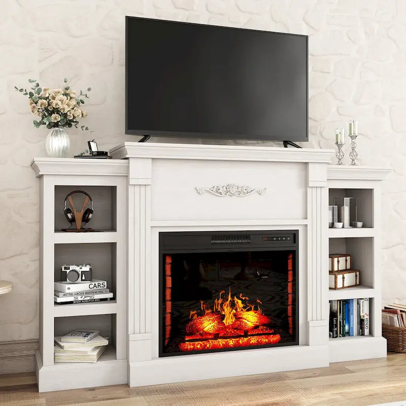 Mueble de TV de 70" con chimenea eléctrica clásica – Blanco / Marrón