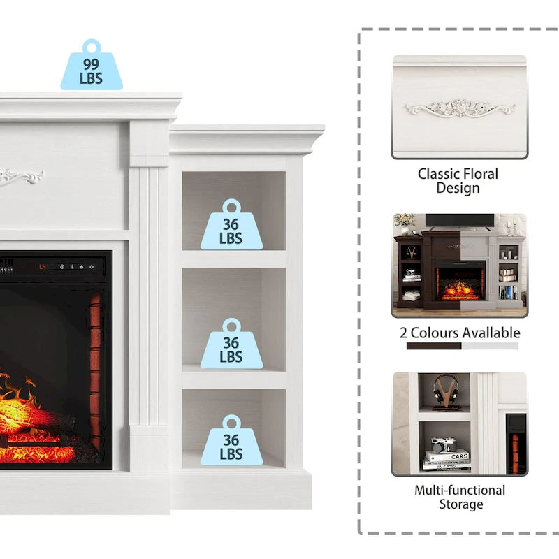 Mueble de TV de 70" con chimenea eléctrica clásica – Blanco / Marrón