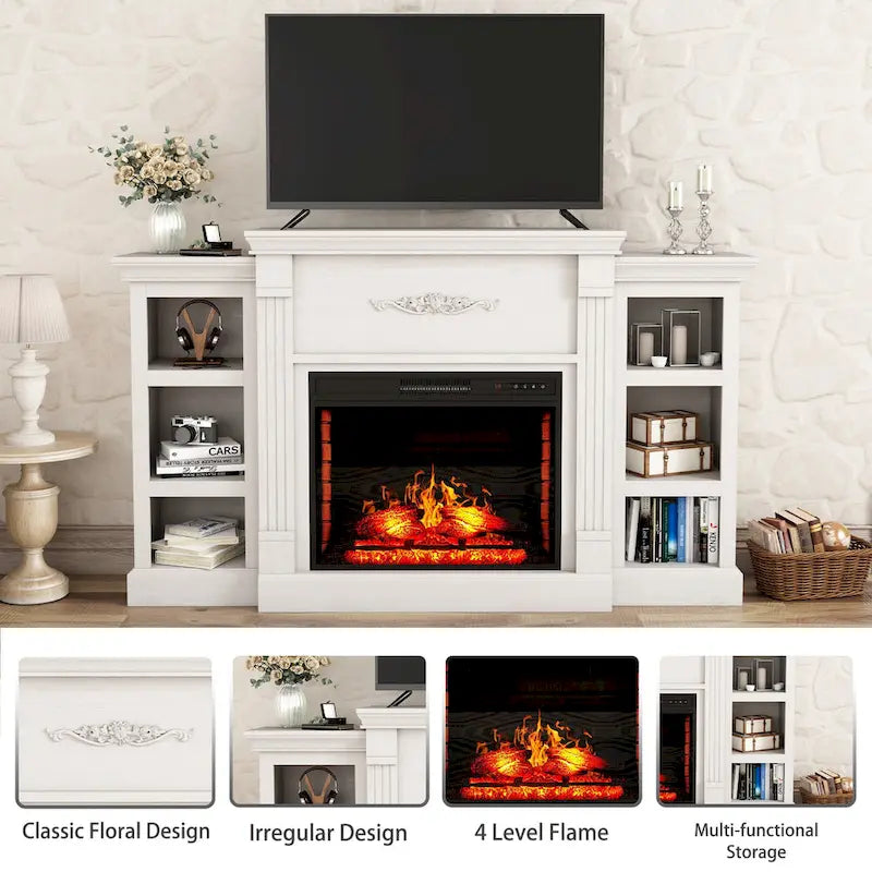 Mueble de TV de 70" con chimenea eléctrica clásica – Blanco / Marrón