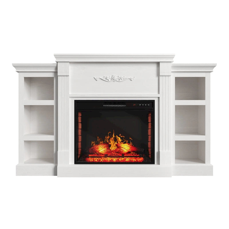 Mueble de TV de 70" con chimenea eléctrica clásica – Blanco / Marrón
