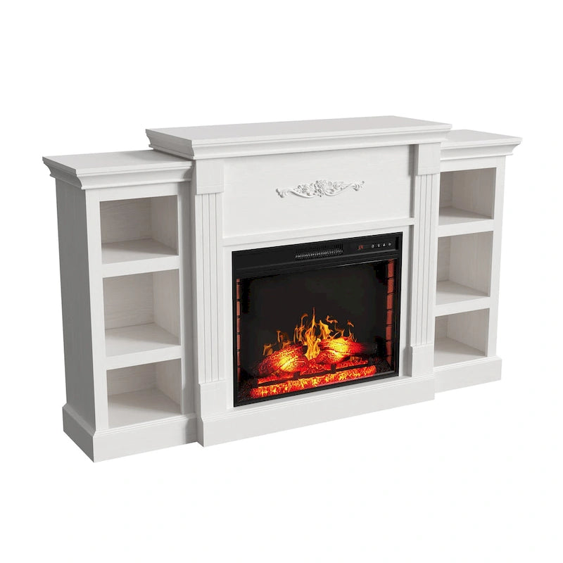 Mueble de TV de 70" con chimenea eléctrica clásica – Blanco / Marrón