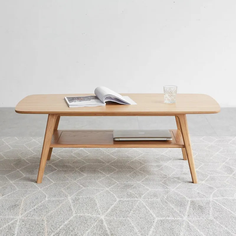 Mesa de centro de madera maciza de roble con estante de almacenamiento, 2-4 personas