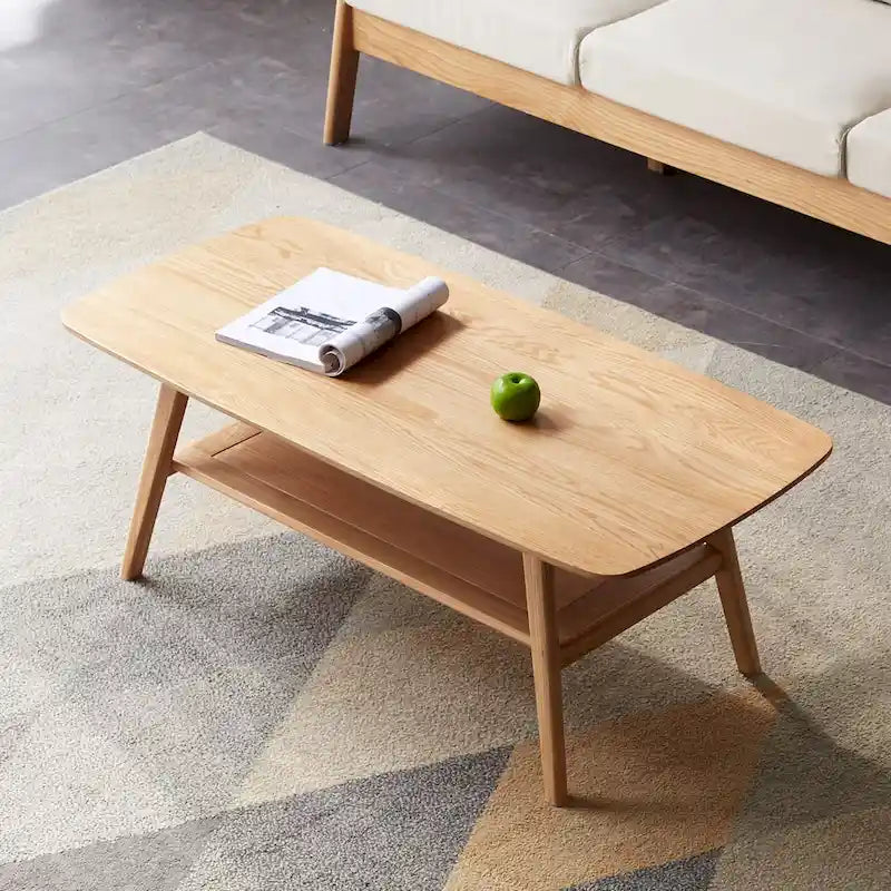 Mesa de centro de madera maciza de roble con estante de almacenamiento, 2-4 personas