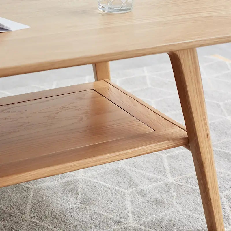 Mesa de centro de madera maciza de roble con estante de almacenamiento, 2-4 personas