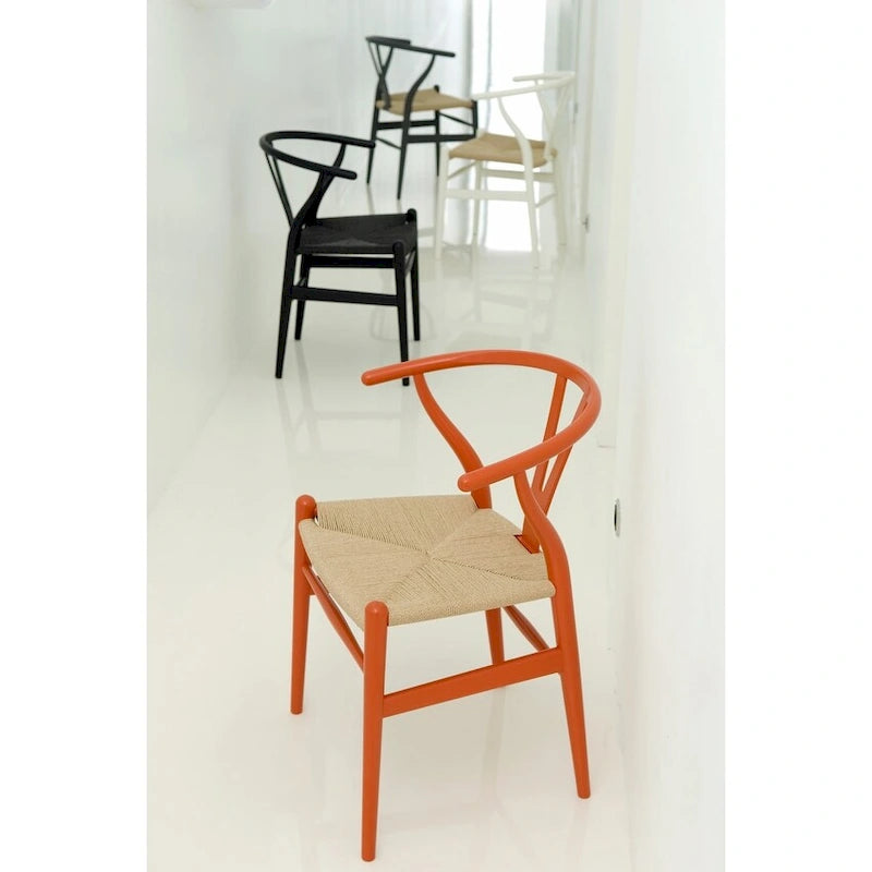 Silla Moderna Roja de Madera con Respaldo en Y Abierta, Estilo Contemporáneo para Cocina/Comedor, con Asiento Trenzado