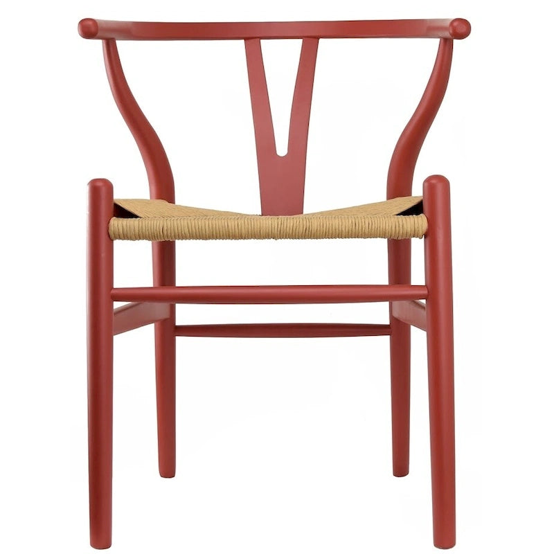 Silla Moderna Roja de Madera con Respaldo en Y Abierta, Estilo Contemporáneo para Cocina/Comedor, con Asiento Trenzado