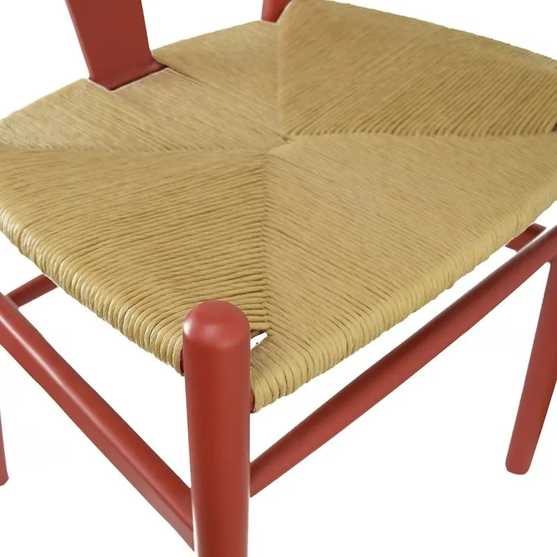 Silla Moderna Roja de Madera con Respaldo en Y Abierta, Estilo Contemporáneo para Cocina/Comedor, con Asiento Trenzado