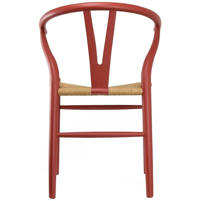 Silla Moderna Roja de Madera con Respaldo en Y Abierta, Estilo Contemporáneo para Cocina/Comedor, con Asiento Trenzado