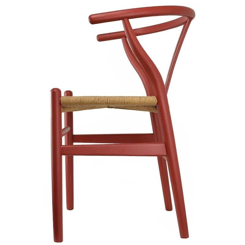 Silla Moderna Roja de Madera con Respaldo en Y Abierta, Estilo Contemporáneo para Cocina/Comedor, con Asiento Trenzado