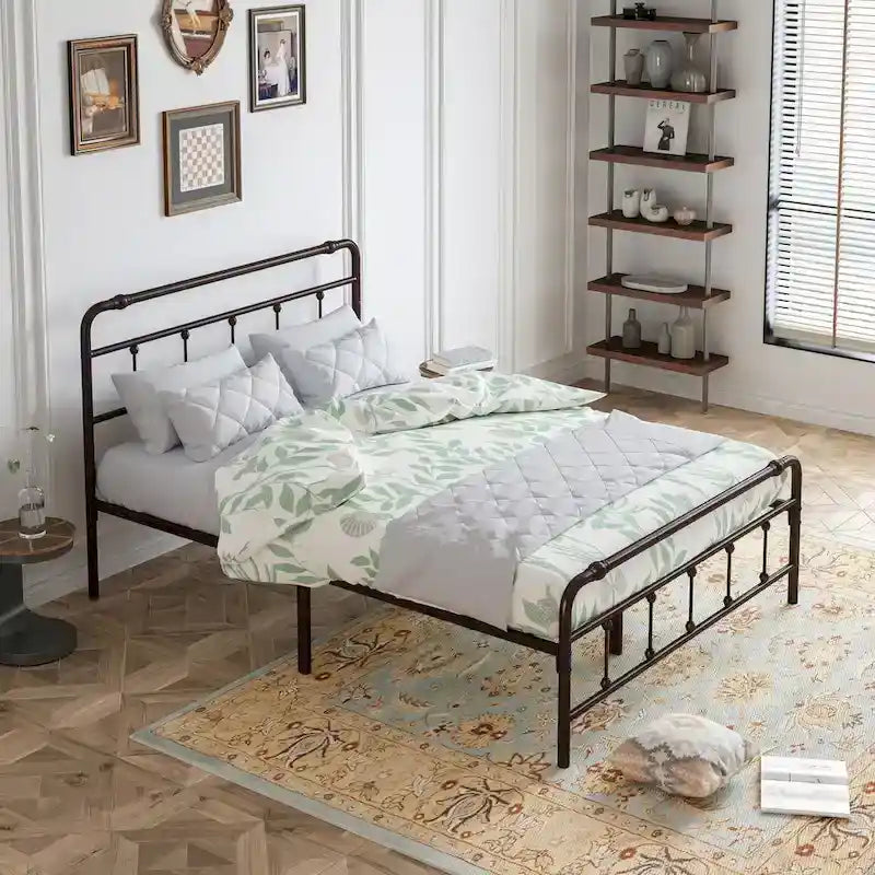 Estructura de cama de plataforma de hierro forjado negro, Queen/King, para 2 personas