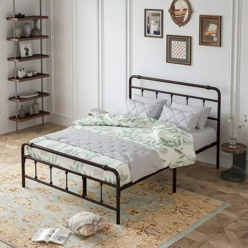 Estructura de cama de plataforma de hierro forjado negro, Queen/King, para 2 personas