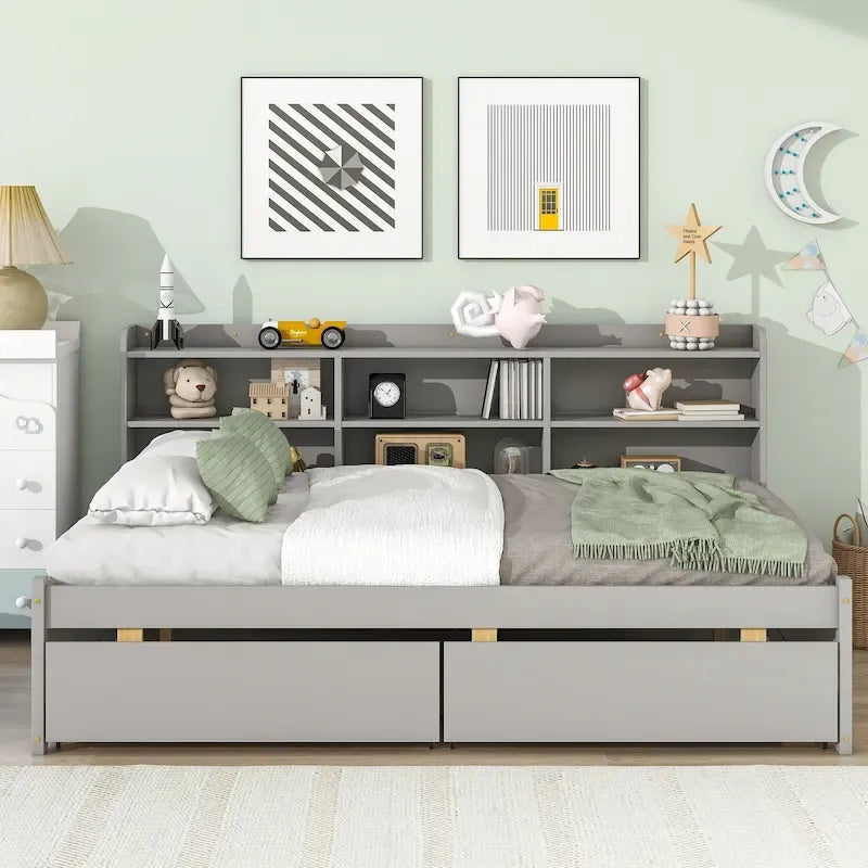 Cama matrimonial gris/expreso/blanca con estantería lateral y 2 cajones, capacidad para 1 o 2 personas