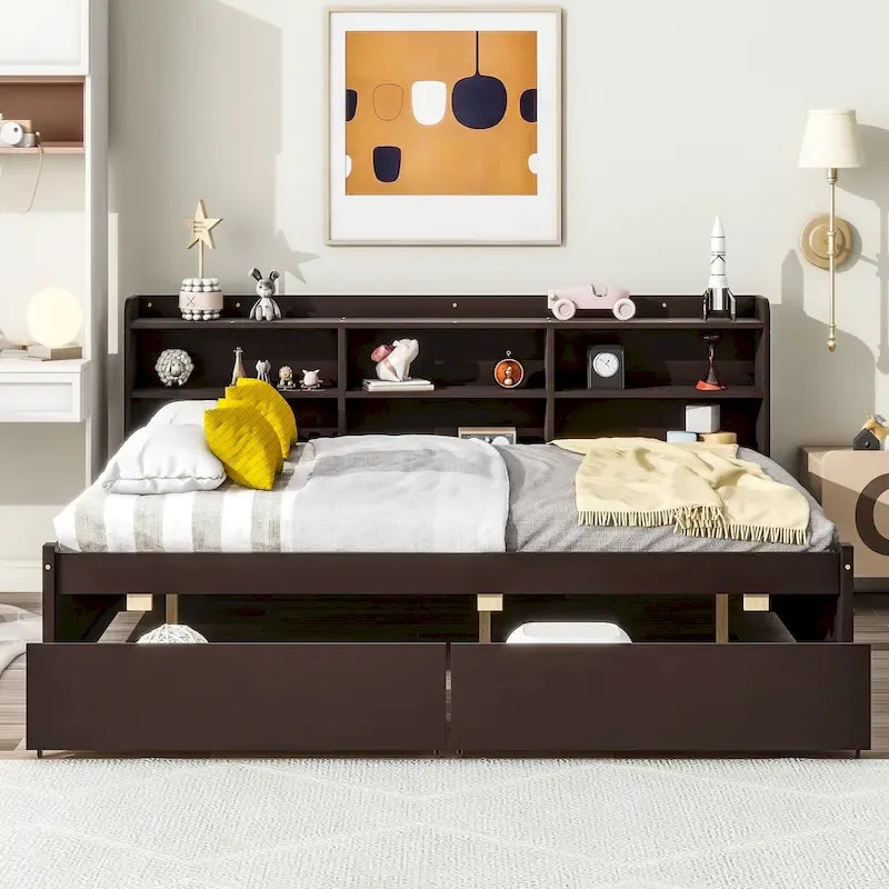 Cama matrimonial gris/expreso/blanca con estantería lateral y 2 cajones, capacidad para 1 o 2 personas