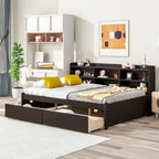 Cama matrimonial gris/expreso/blanca con estantería lateral y 2 cajones, capacidad para 1 o 2 personas