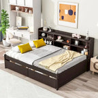 Cama matrimonial gris/expreso/blanca con estantería lateral y 2 cajones, capacidad para 1 o 2 personas