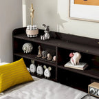 Cama matrimonial gris/expreso/blanca con estantería lateral y 2 cajones, capacidad para 1 o 2 personas
