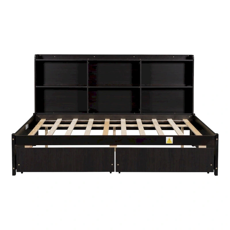 Cama matrimonial gris/expreso/blanca con estantería lateral y 2 cajones, capacidad para 1 o 2 personas