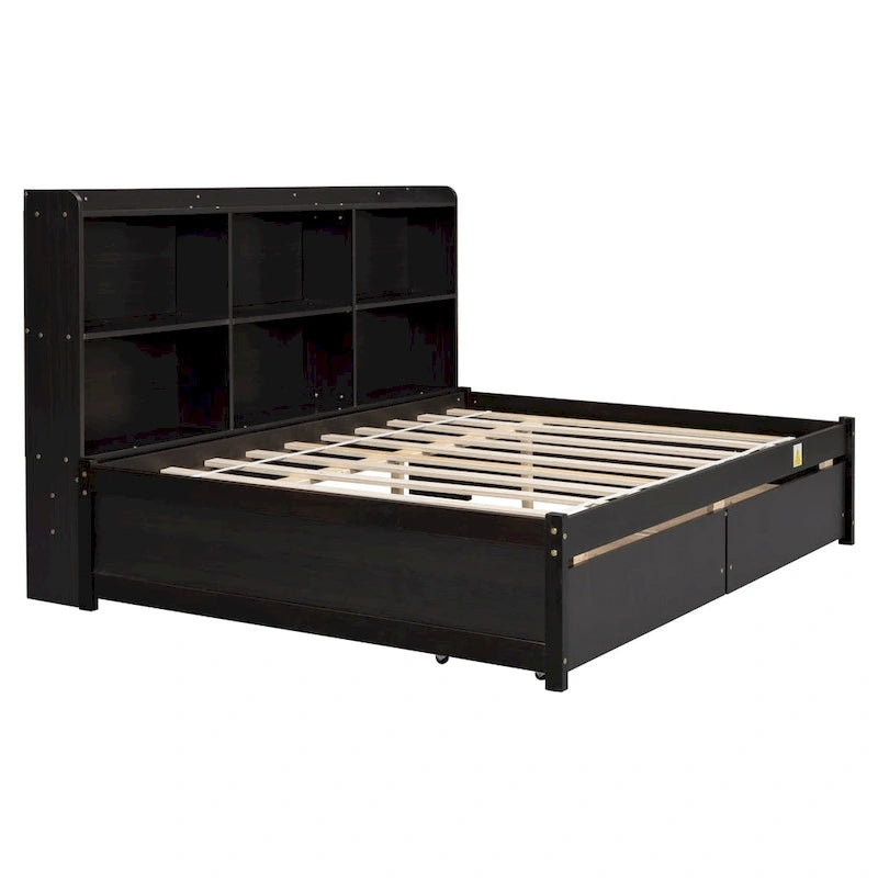 Cama matrimonial gris/expreso/blanca con estantería lateral y 2 cajones, capacidad para 1 o 2 personas
