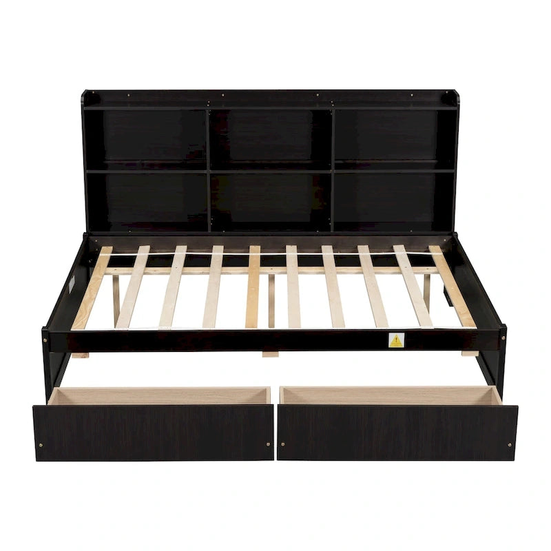 Cama matrimonial gris/expreso/blanca con estantería lateral y 2 cajones, capacidad para 1 o 2 personas