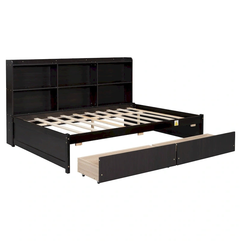 Cama matrimonial gris/expreso/blanca con estantería lateral y 2 cajones, capacidad para 1 o 2 personas