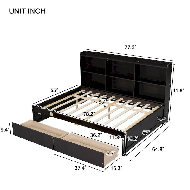 Cama matrimonial gris/expreso/blanca con estantería lateral y 2 cajones, capacidad para 1 o 2 personas