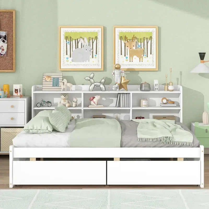 Cama matrimonial gris/expreso/blanca con estantería lateral y 2 cajones, capacidad para 1 o 2 personas